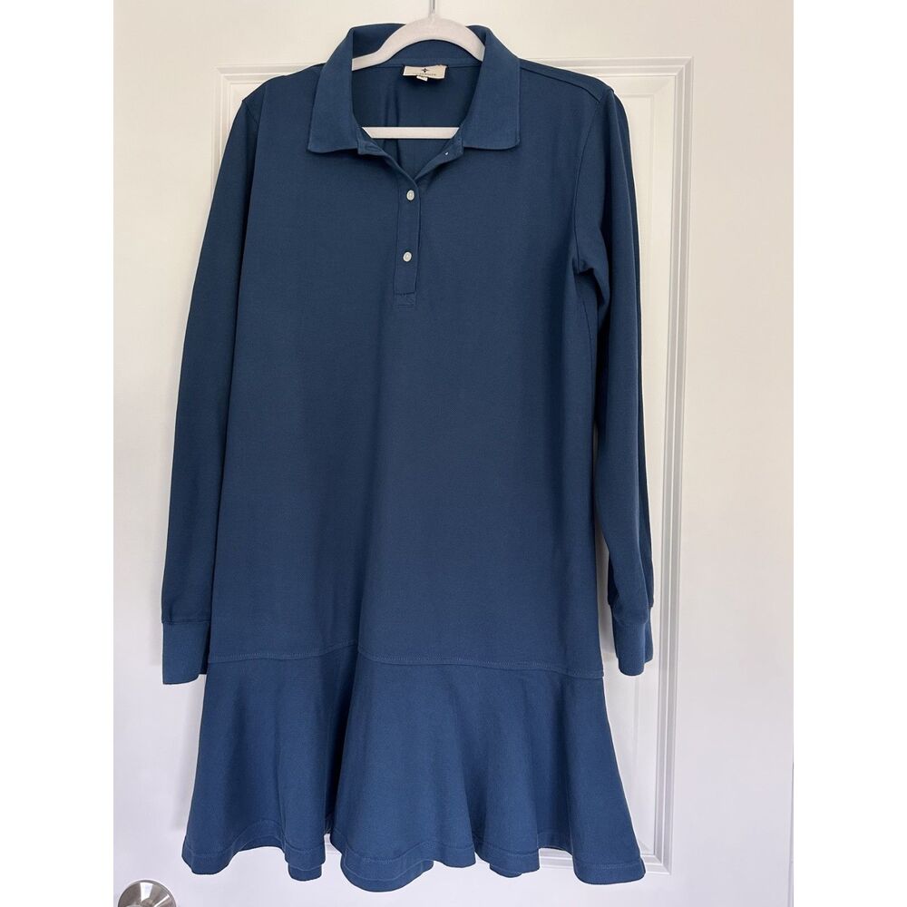 Tuckernuck Blue Polo Dress Womens M Long Sleeve Ruffle Hem Cotton Knit Preppy
